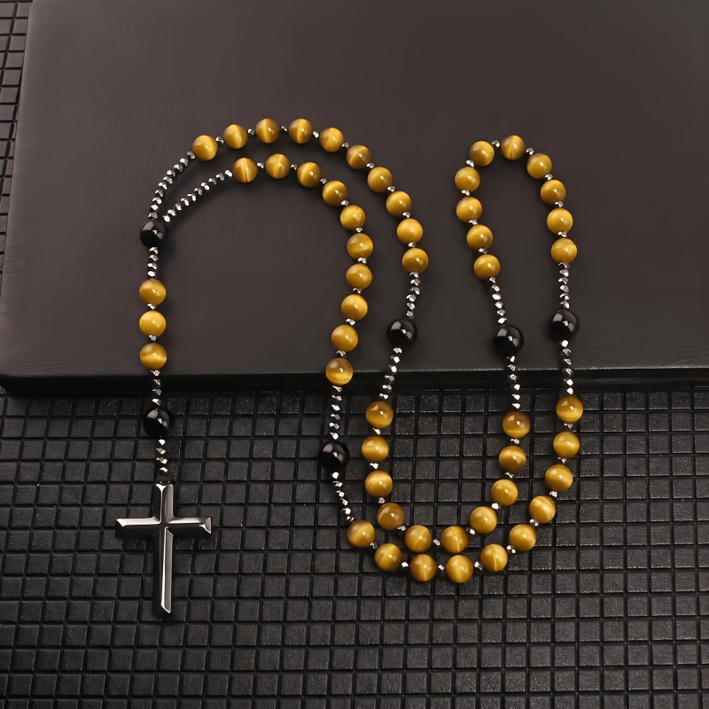 Blue Tiger Eye Cross Pendant Necklace, Unisex